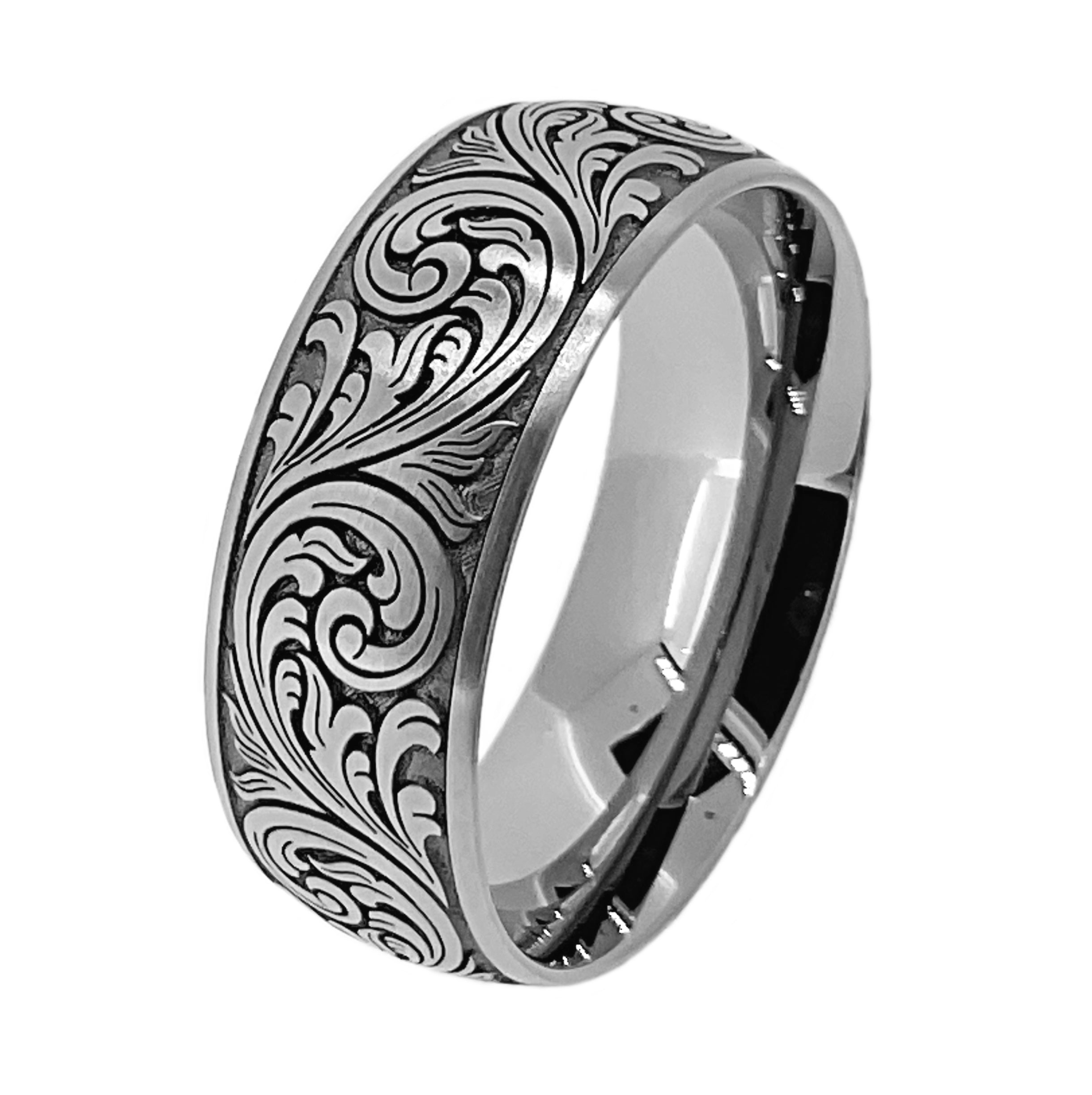 Scroll Work Rings Men’s Western Scrollwork Engraved Titanium Wedding Ring