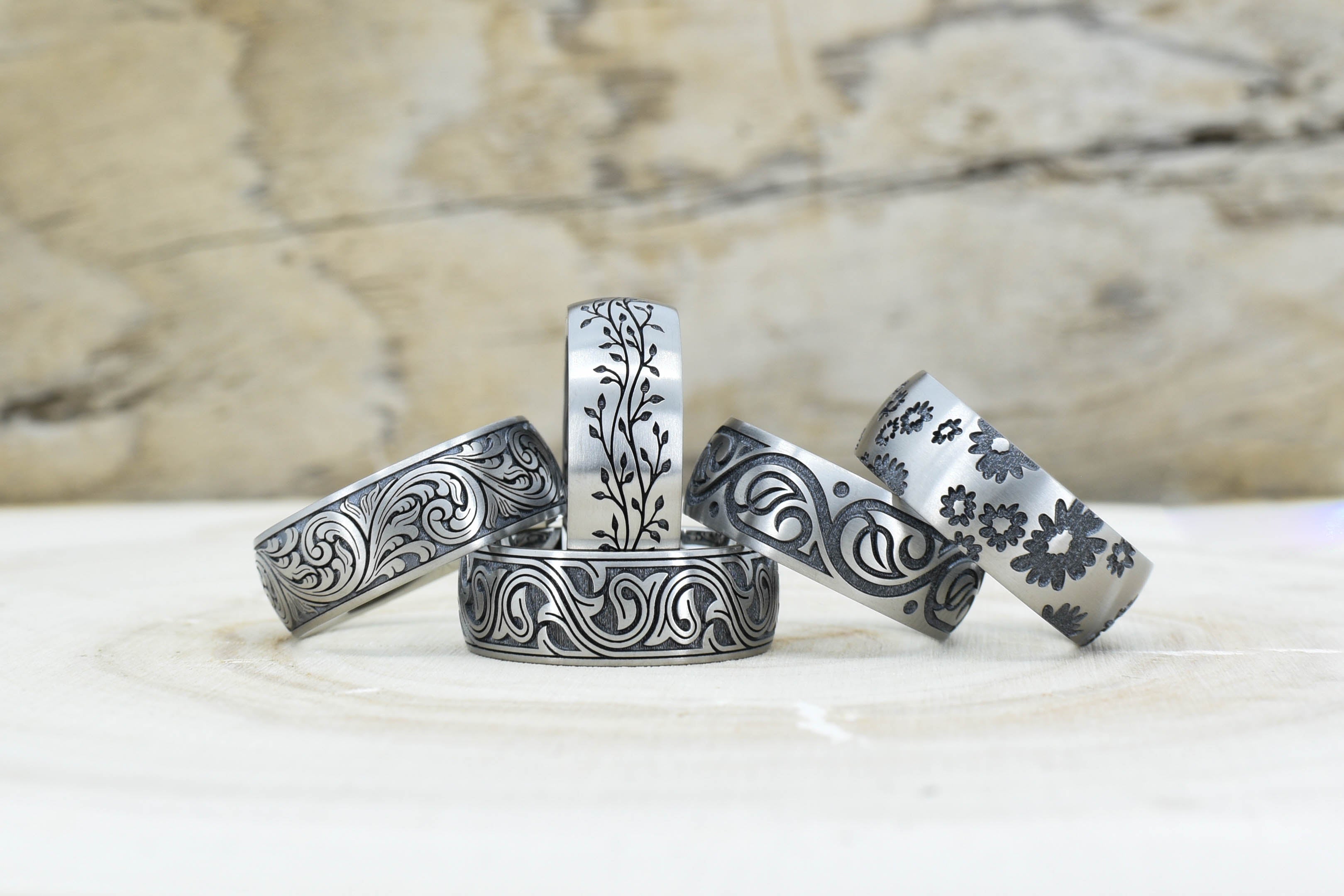 Unique Titanium Laser Engraved Rings